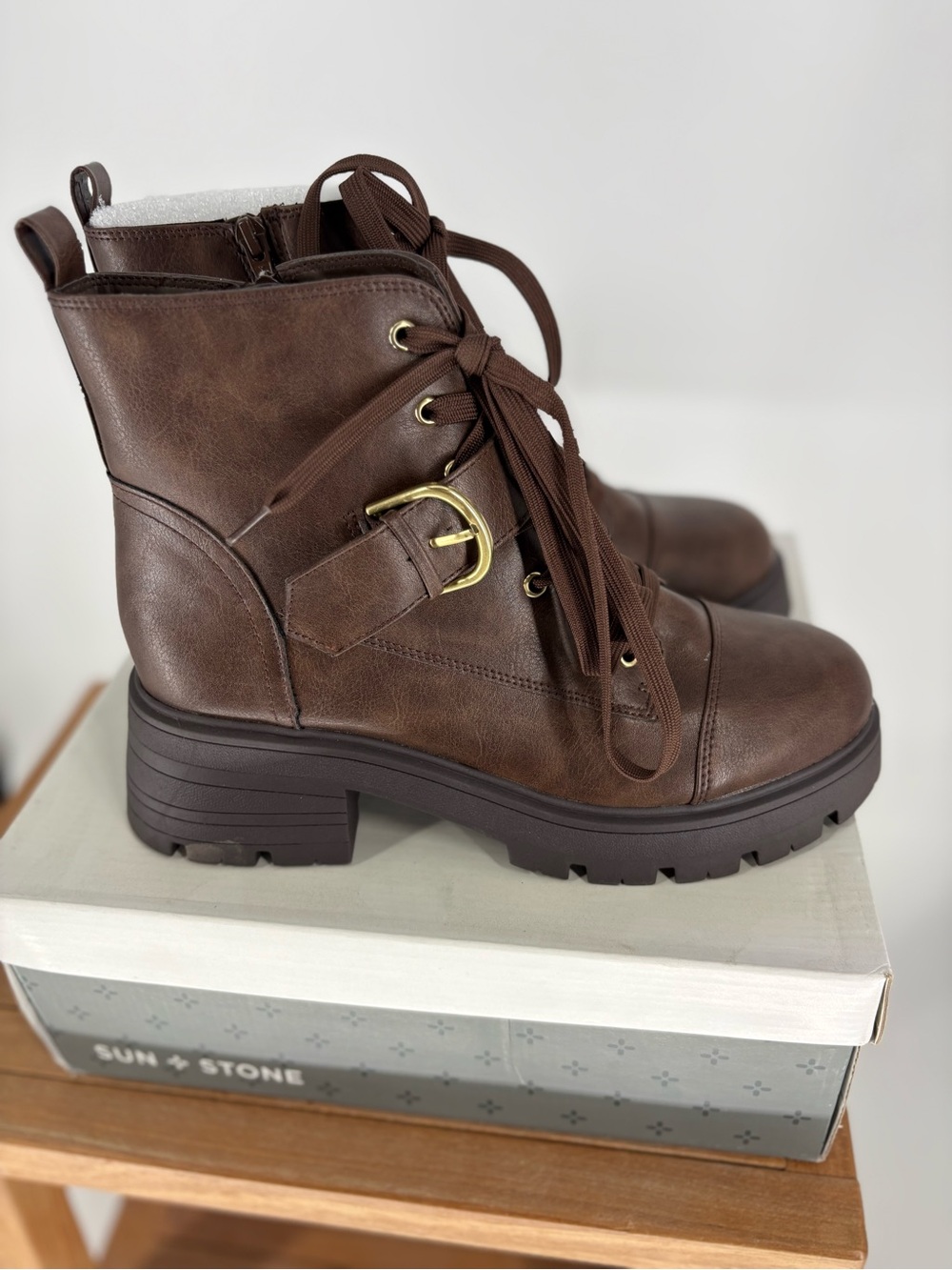 WW Sun & Stone Women's Brown Lace-Up Lug Ankle Boots with Buckle size 10 M
